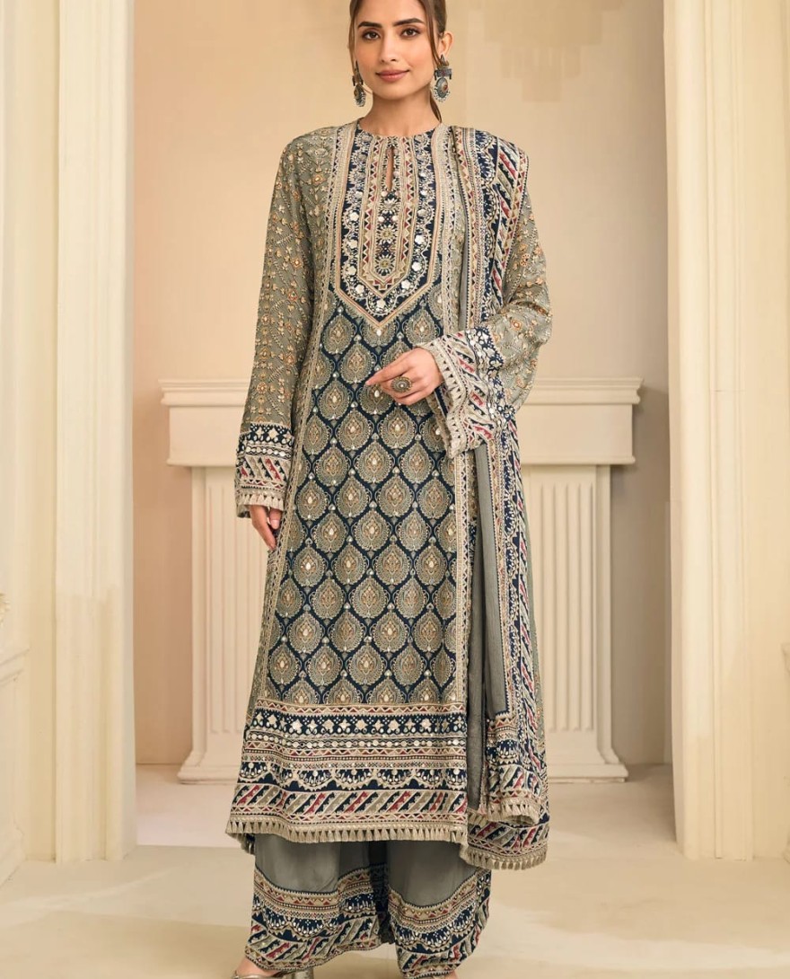 GREY - Grey Crepe Silk Aari, Gota and Print Work Readymade Salwar Suit