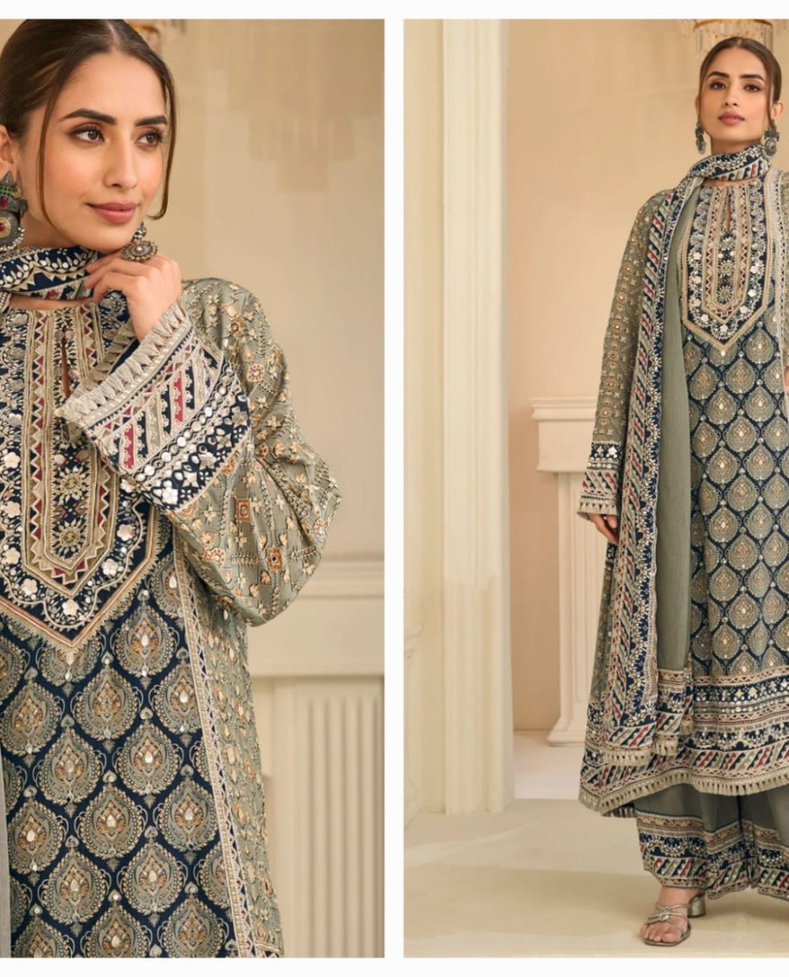 GREY - Grey Crepe Silk Aari, Gota and Print Work Readymade Salwar Suit