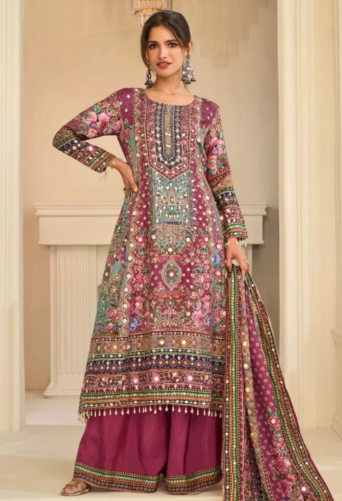 Multi Colour Crepe Silk Aari, Gota and Print Work Palazzo Salwar Suit for Ceremonial