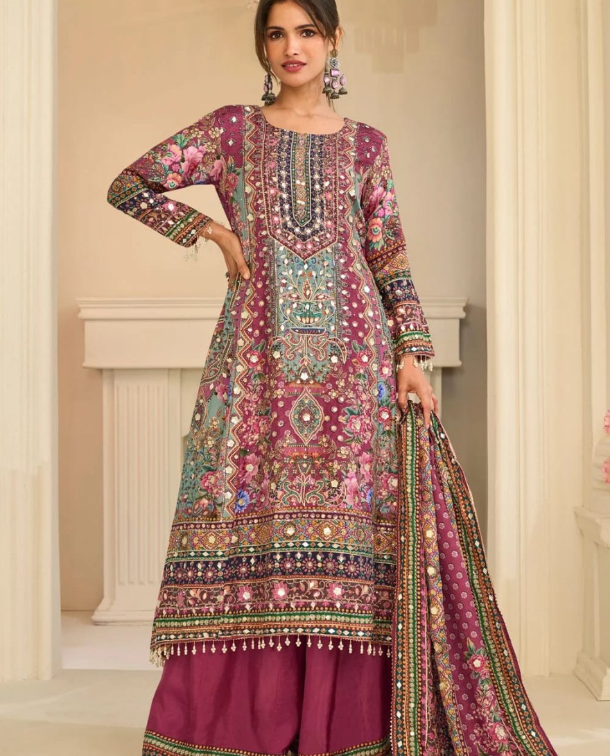 PINK - Multi Colour Crepe Silk Aari, Gota and Print Work Palazzo Salwar Suit for Ceremonial