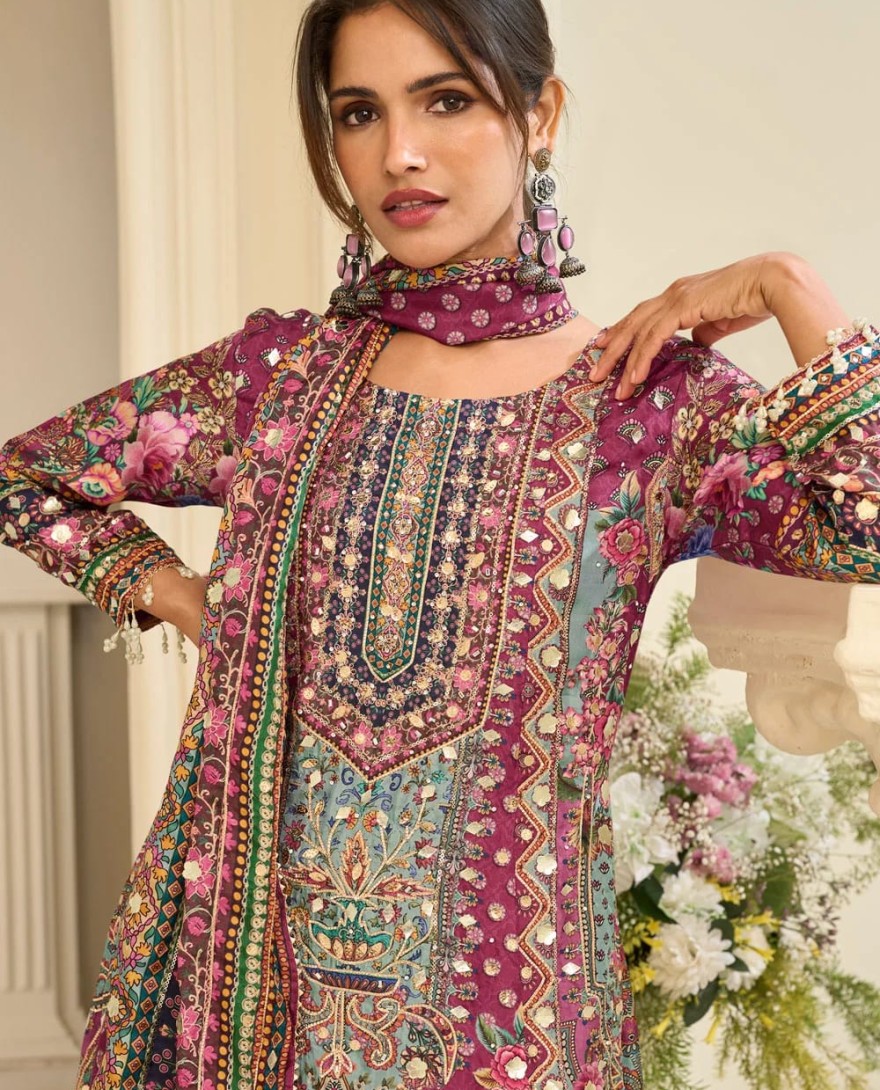 PINK - Multi Colour Crepe Silk Aari, Gota and Print Work Palazzo Salwar Suit for Ceremonial