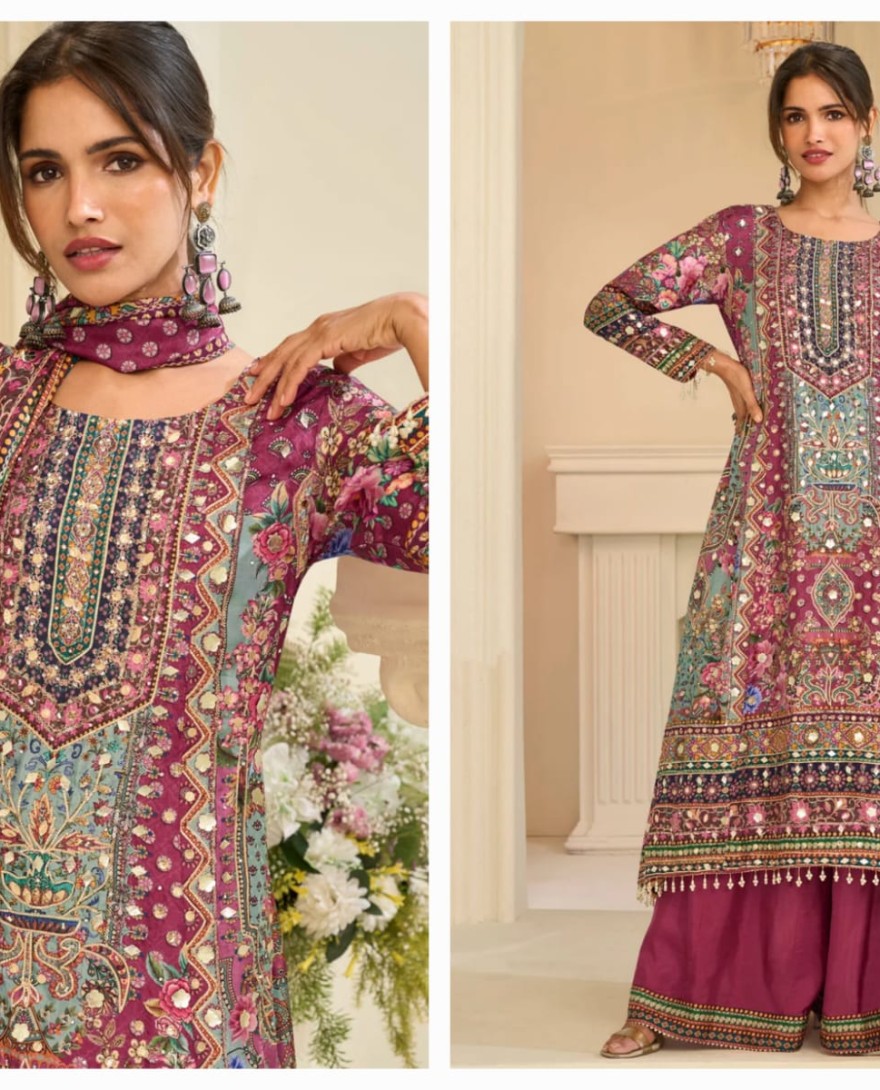 PINK - Multi Colour Crepe Silk Aari, Gota and Print Work Palazzo Salwar Suit for Ceremonial