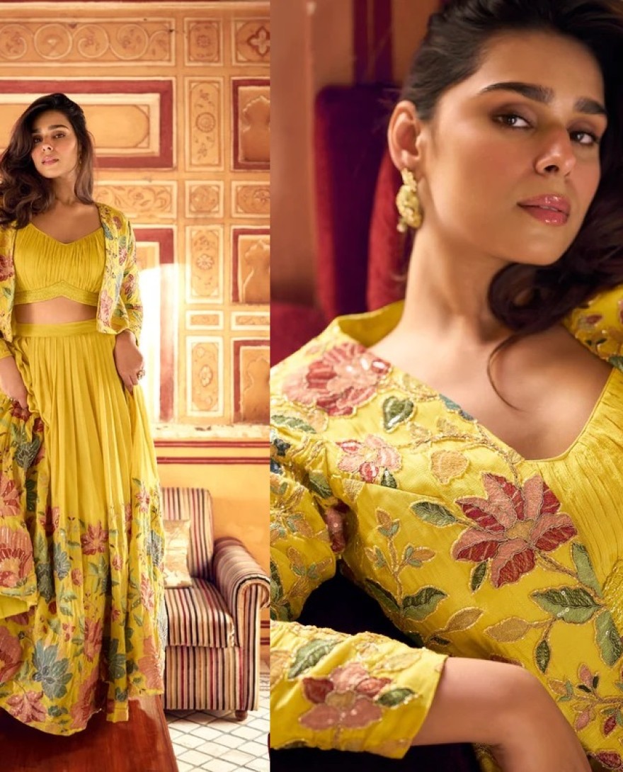 5434 - Yellow Floral Print Jacket Style Lehenga 