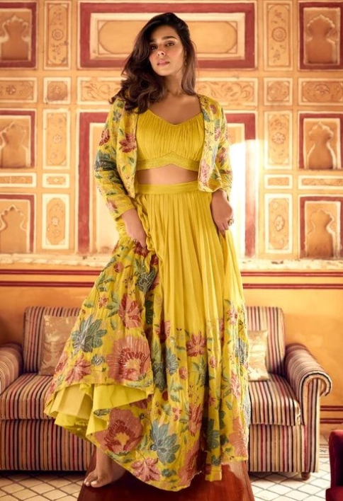 Yellow Floral Print Jacket Style Lehenga 