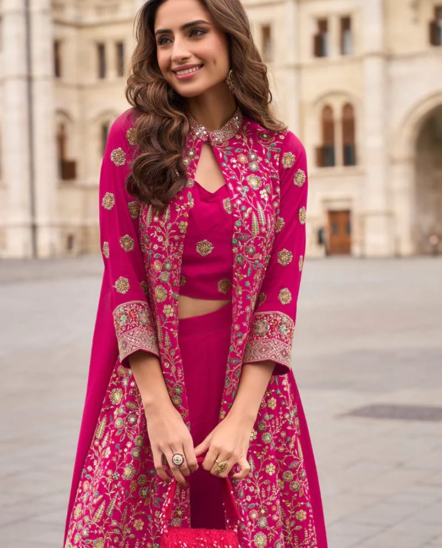 PINK - Designer Magenta Pink Indo-Western Georgette Jacket Style Shrug with Palazzo