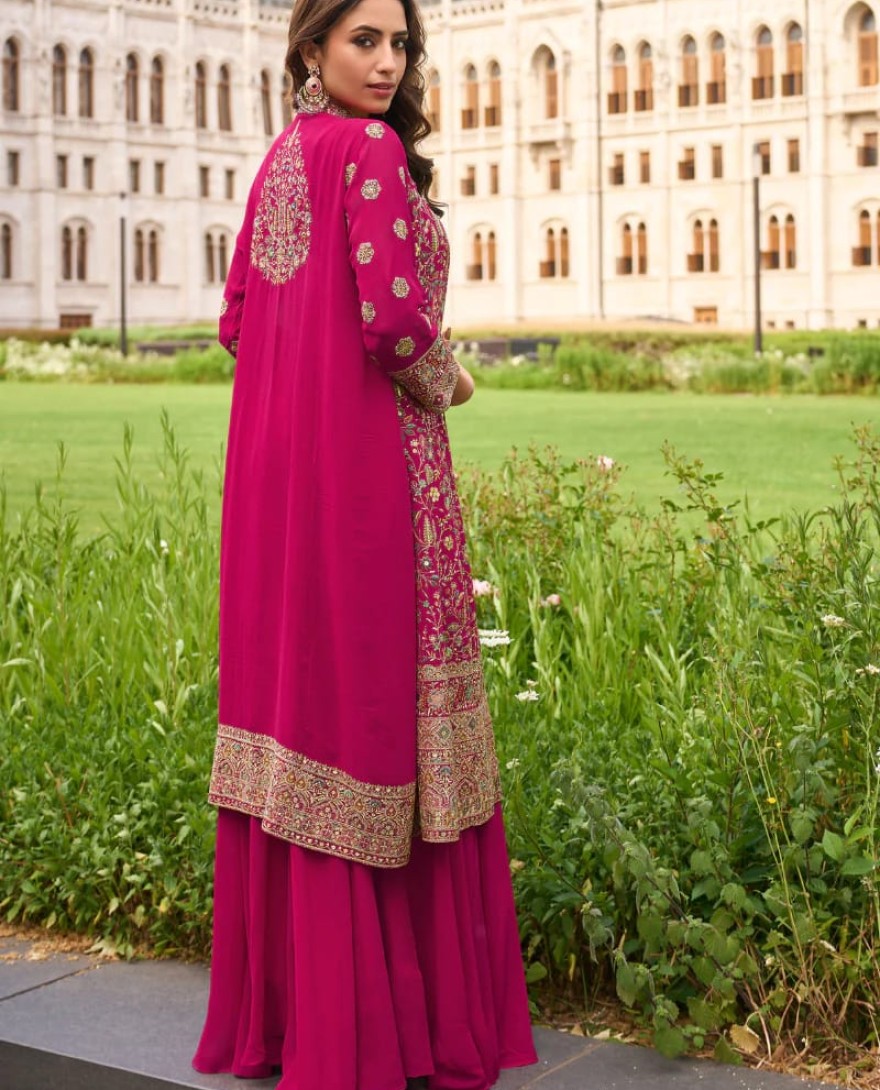 PINK - Designer Magenta Pink Indo-Western Georgette Jacket Style Shrug with Palazzo