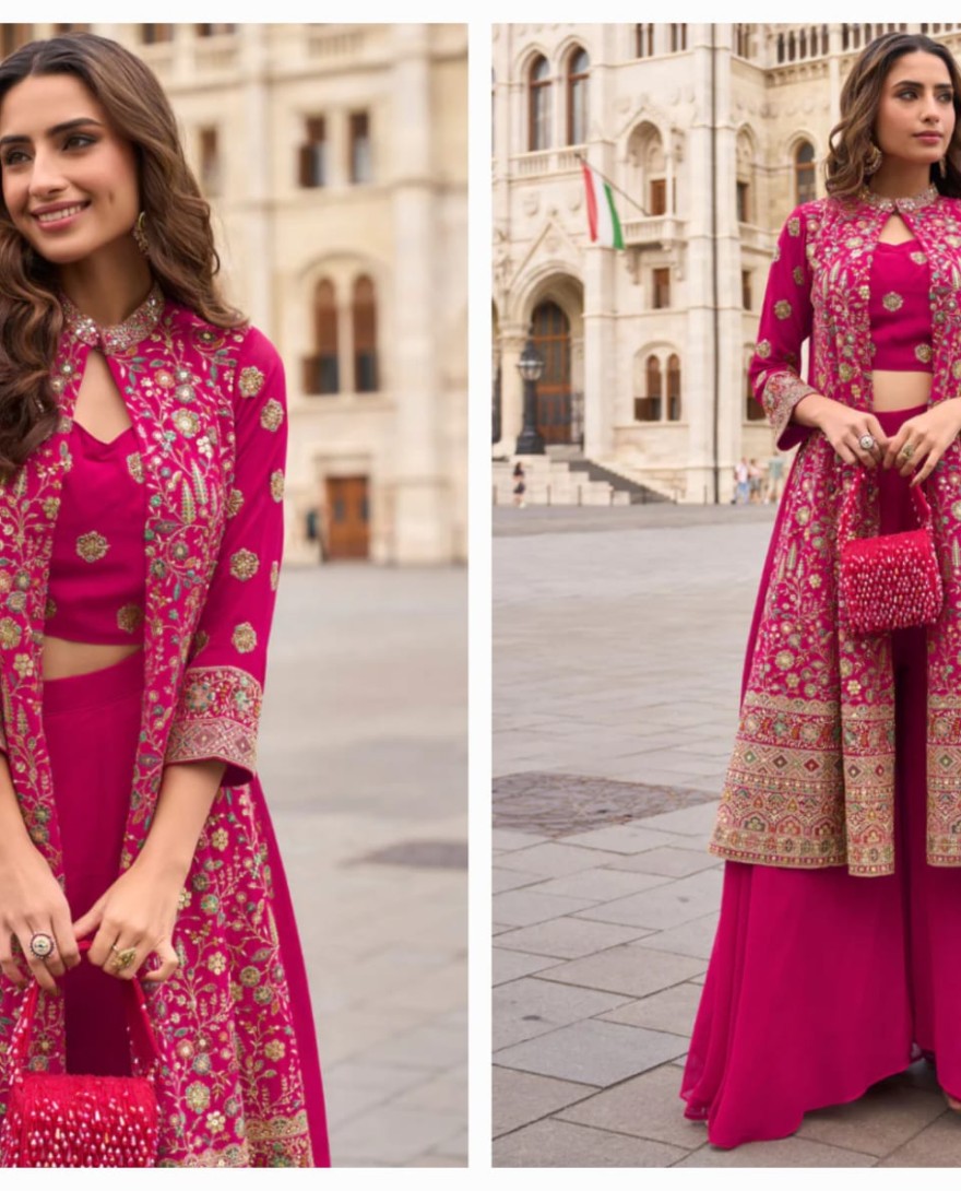 PINK - Designer Magenta Pink Indo-Western Georgette Jacket Style Shrug with Palazzo