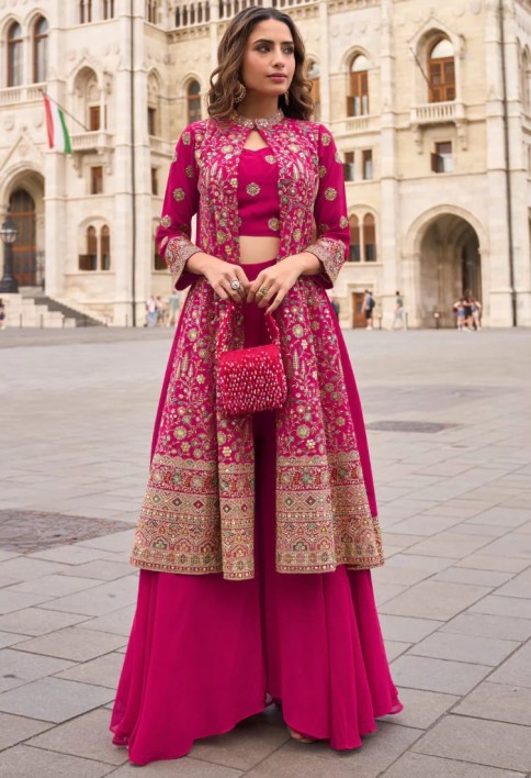 Designer Magenta Pink Indo-Western Georgette Jacket Style Shrug with Palazzo