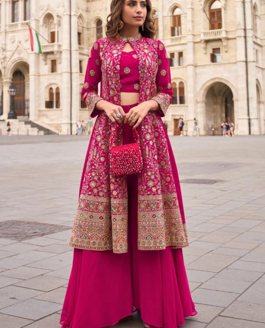 PINK - Designer Magenta Pink Indo-Western Georgette Jacket Style Shrug with Palazzo