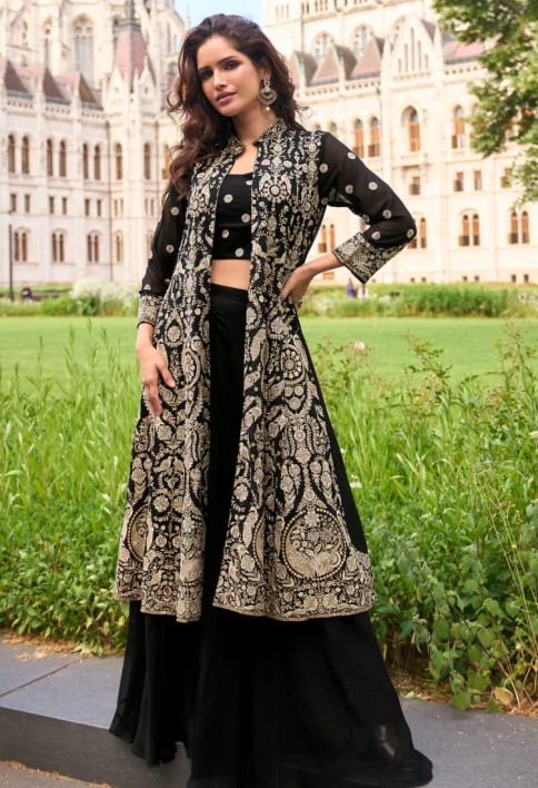 Designer Black Indo-Western Georgette Jacket Style Shrug with Palazzo