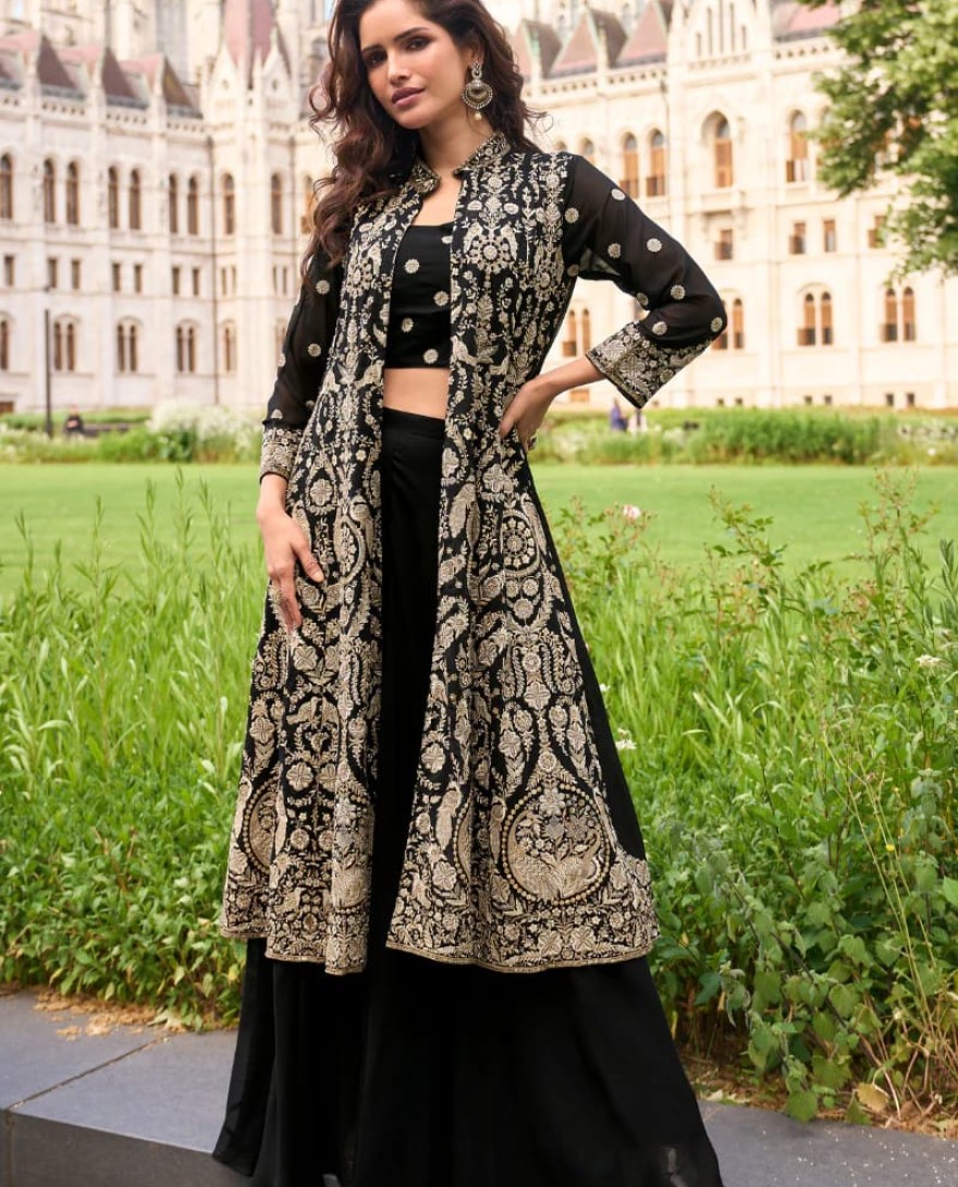 BLACK - Designer Black Indo-Western Georgette Jacket Style Shrug with Palazzo