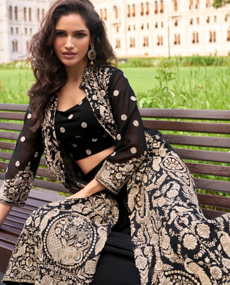 BLACK - Designer Black Indo-Western Georgette Jacket Style Shrug with Palazzo