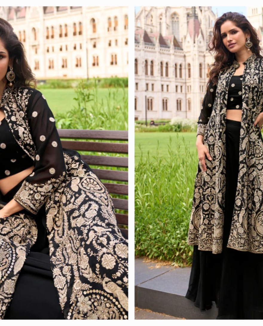 BLACK - Designer Black Indo-Western Georgette Jacket Style Shrug with Palazzo