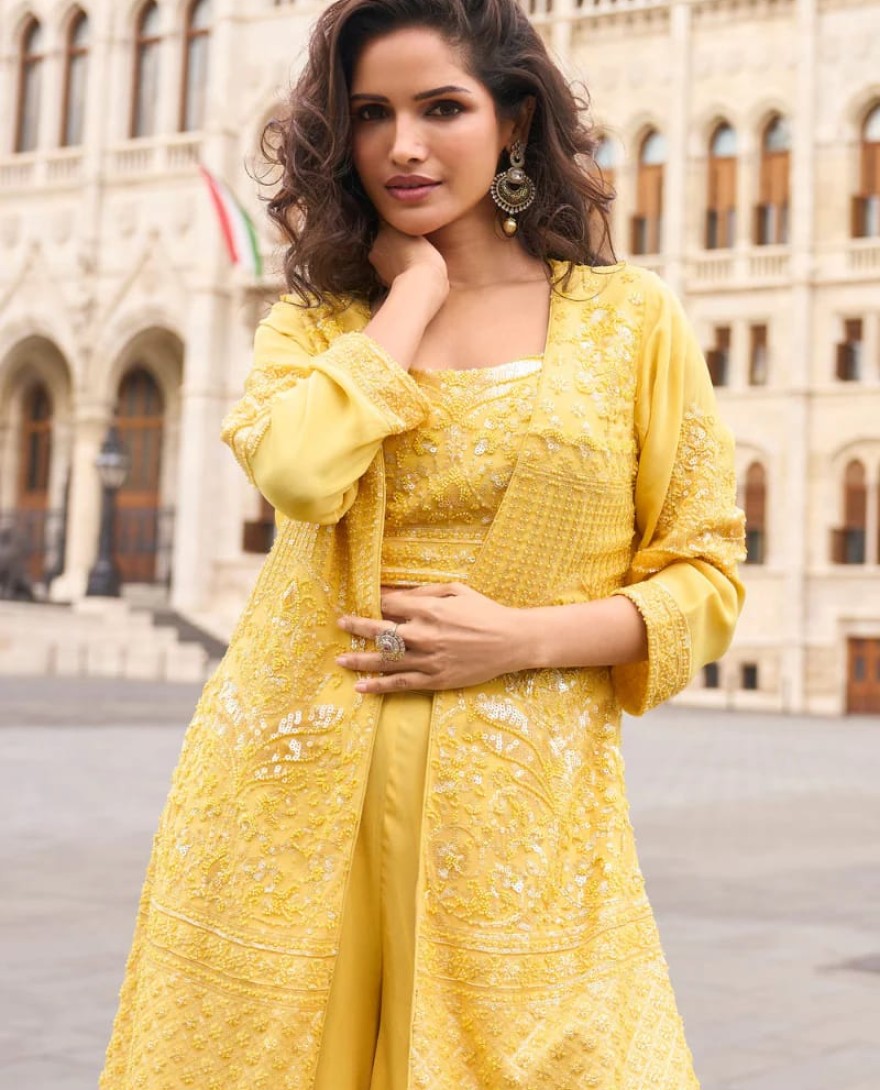 YELLOW - Designer Yellow Indo-Western Georgette Jacket Style Shrug with Palazzo