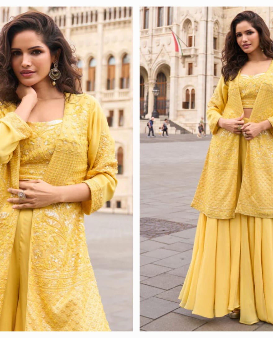 YELLOW - Designer Yellow Indo-Western Georgette Jacket Style Shrug with Palazzo