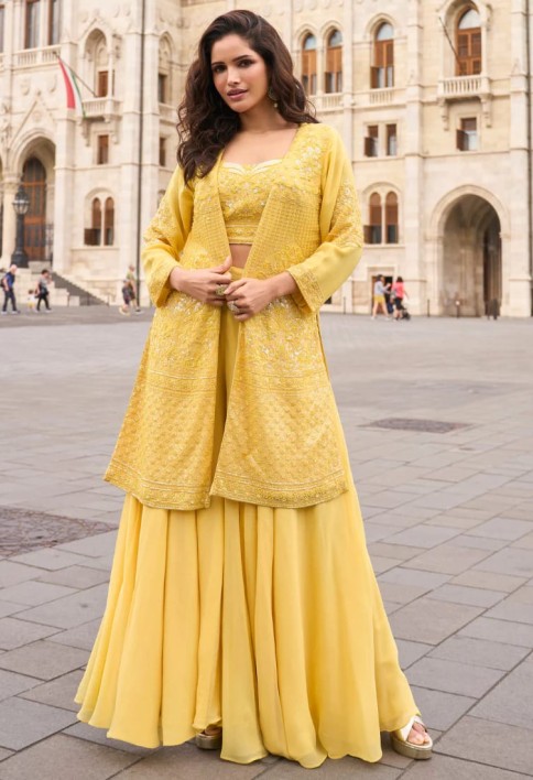 Designer Yellow Indo-Western Georgette Jacket Style Shrug with Palazzo