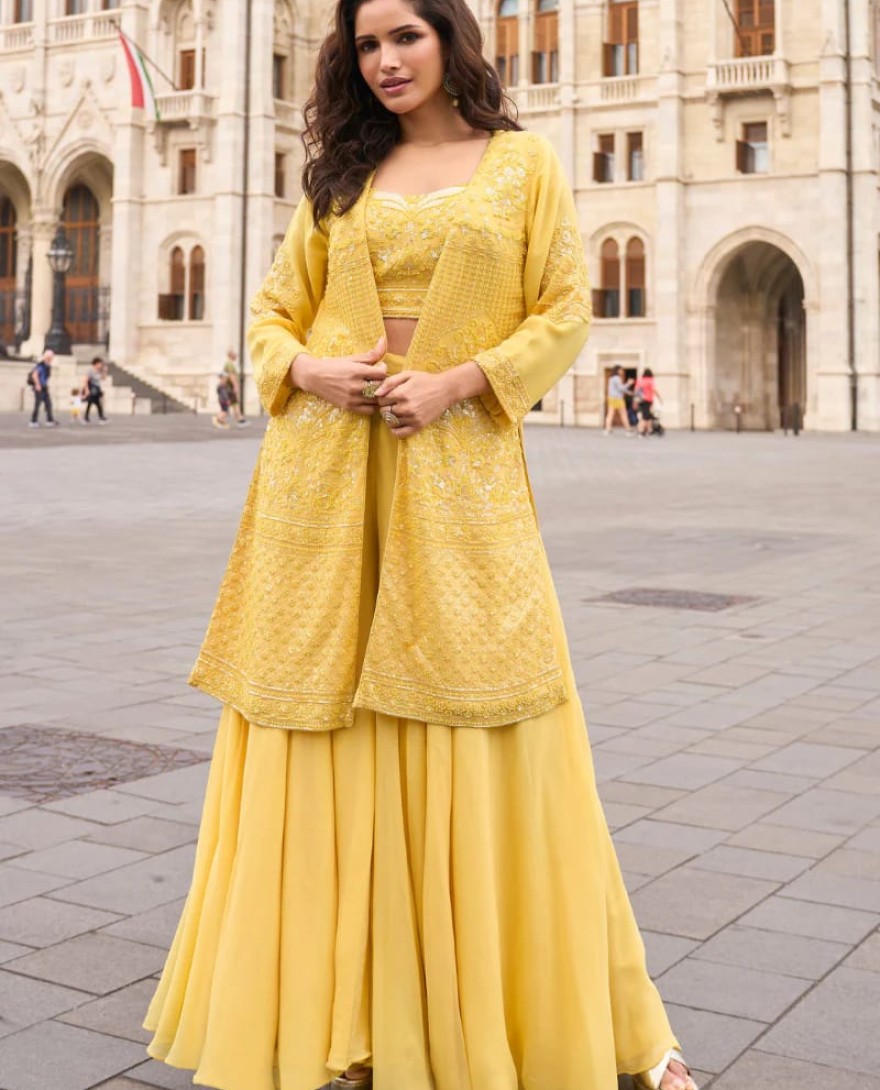 YELLOW - Designer Yellow Indo-Western Georgette Jacket Style Shrug with Palazzo