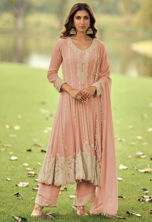 Peach Pink Georgette Anarkali Suit