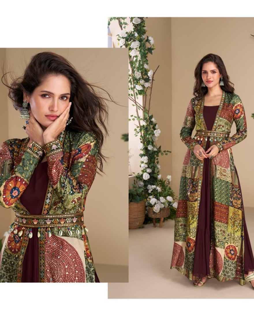 5826 - Designer Deep Wine Georgette Anarkali Gown with Multicolor Long Shrug