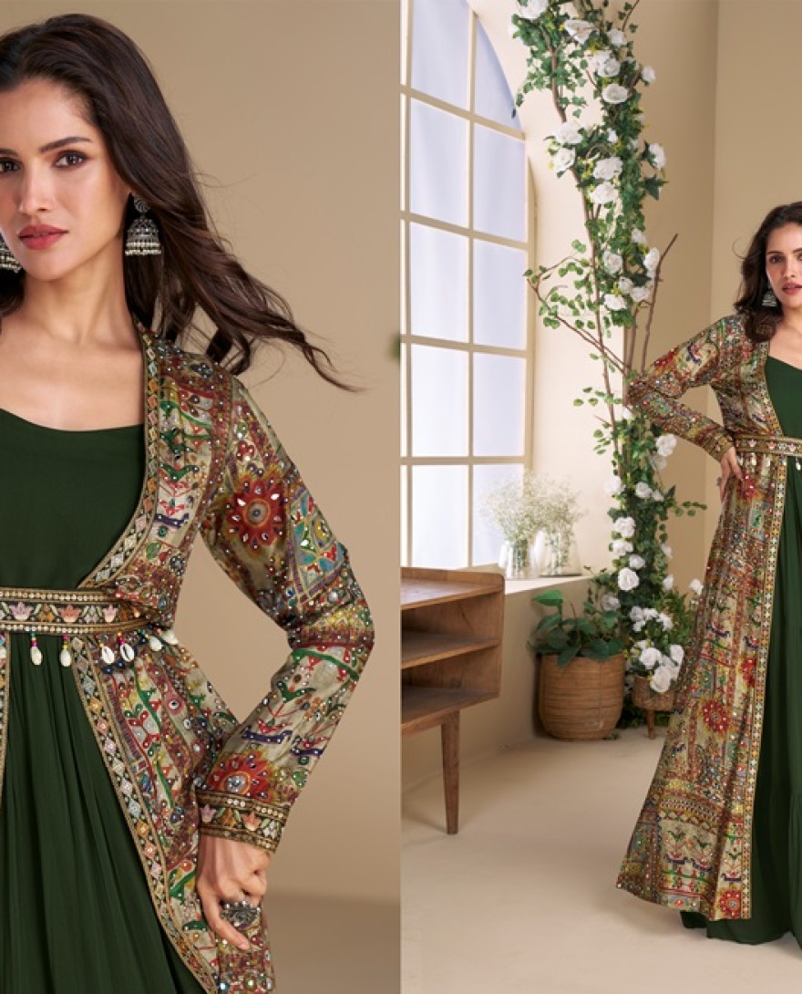 5827 - Designer Green Georgette Anarkali Gown with Multicolor Long Shrug