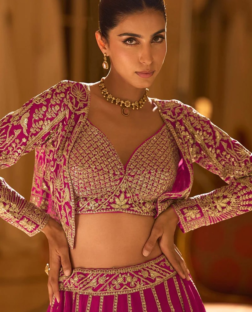 PINK - Designer Rani Pink Embroidered Indo Western Georgette Lehenga Set