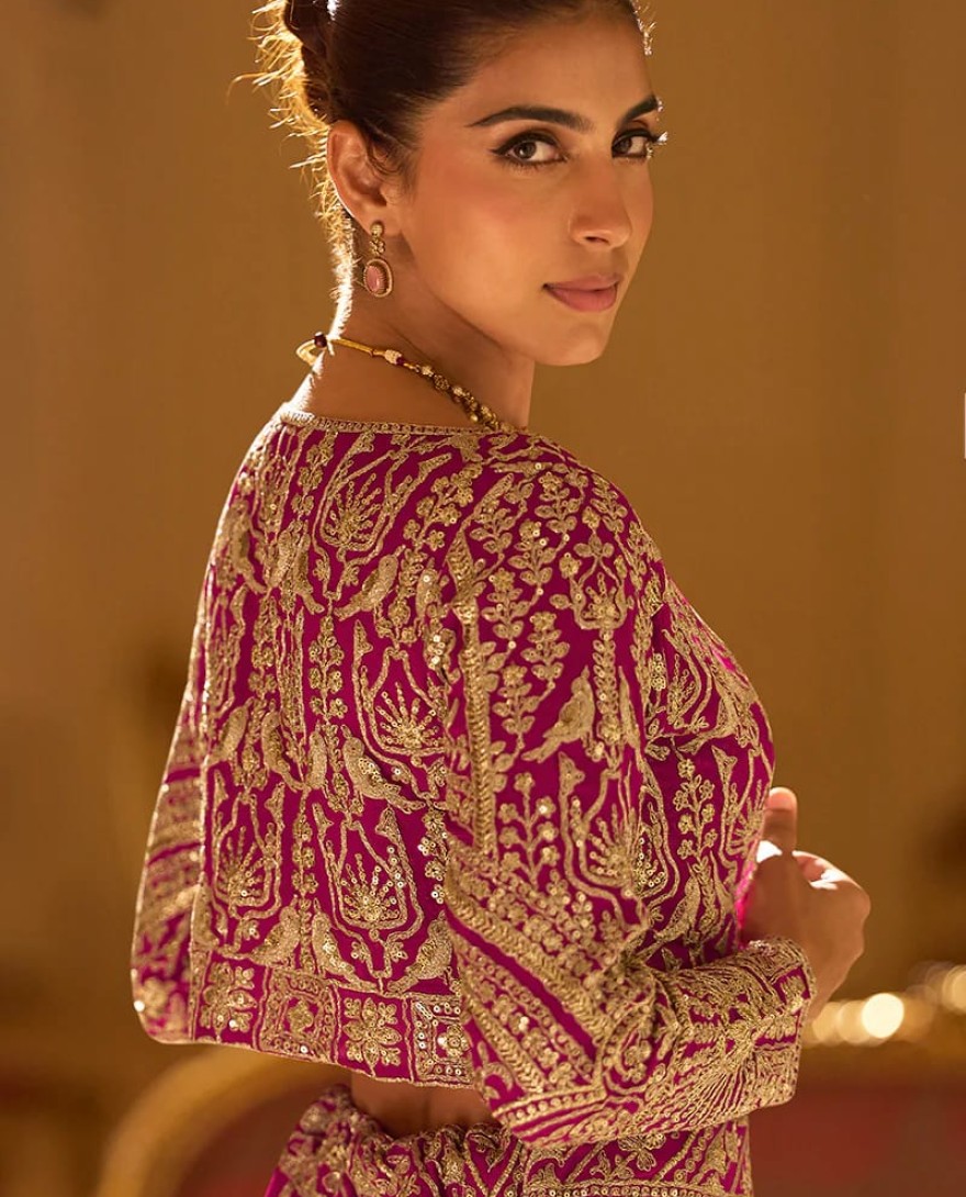 PINK - Designer Rani Pink Embroidered Indo Western Georgette Lehenga Set