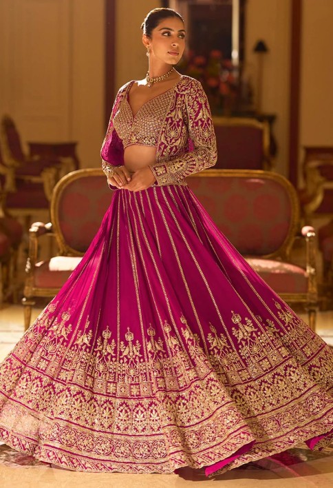 Designer Rani Pink Embroidered Indo Western Georgette Lehenga Set
