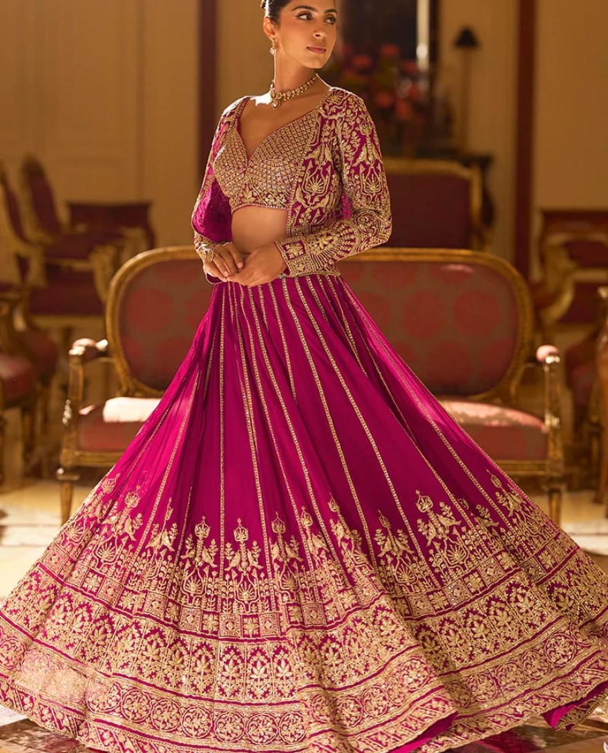 PINK - Designer Rani Pink Embroidered Indo Western Georgette Lehenga Set
