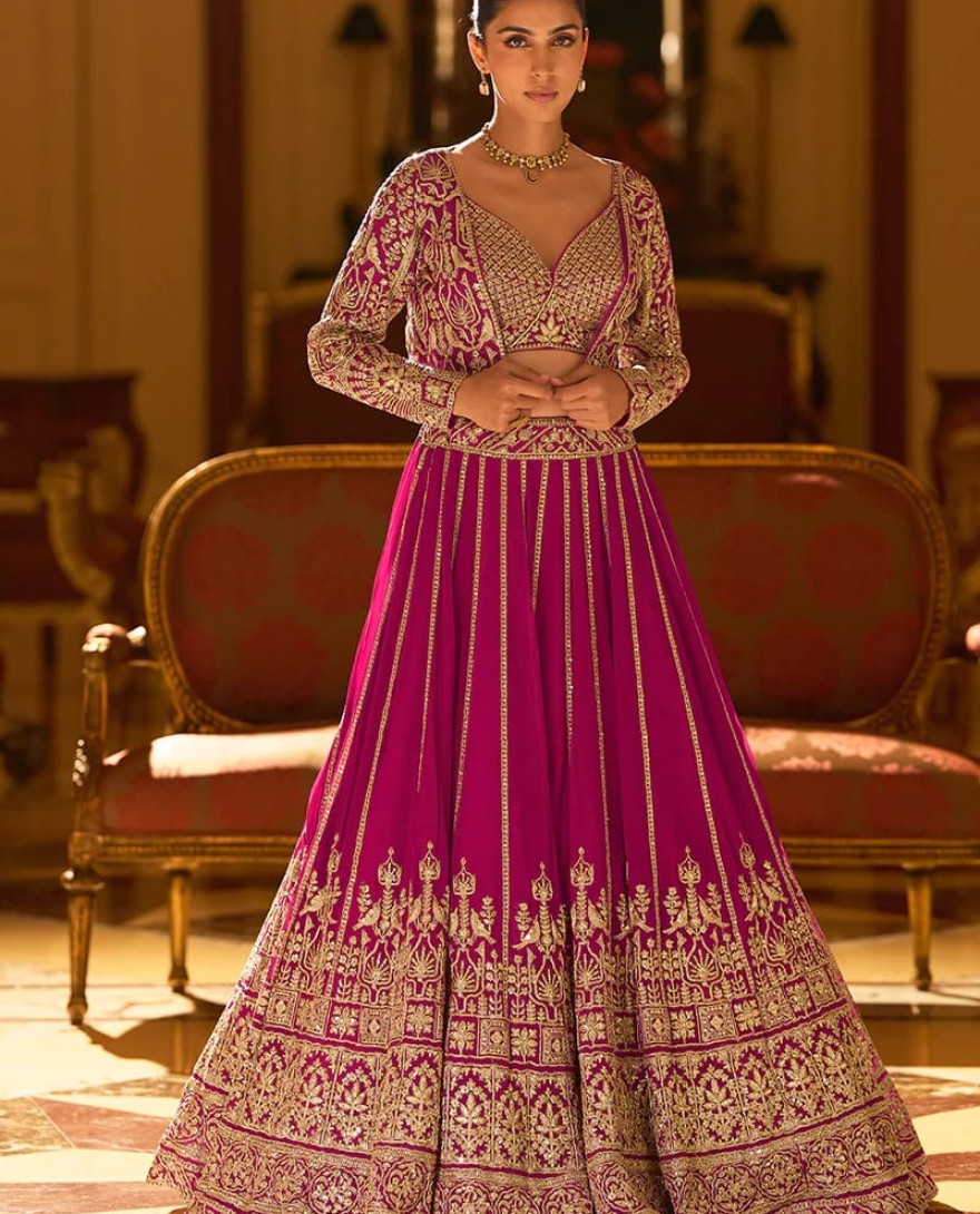 PINK - Designer Rani Pink Embroidered Indo Western Georgette Lehenga Set