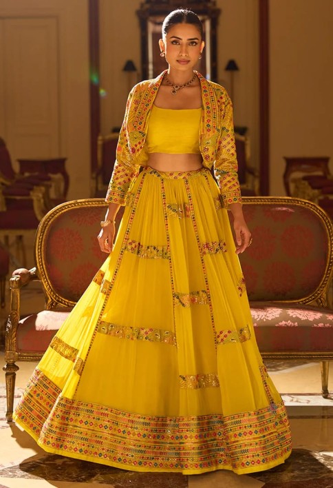 Designer Sunshine Yellow Embroidered Indo Western Georgette Lehenga Set