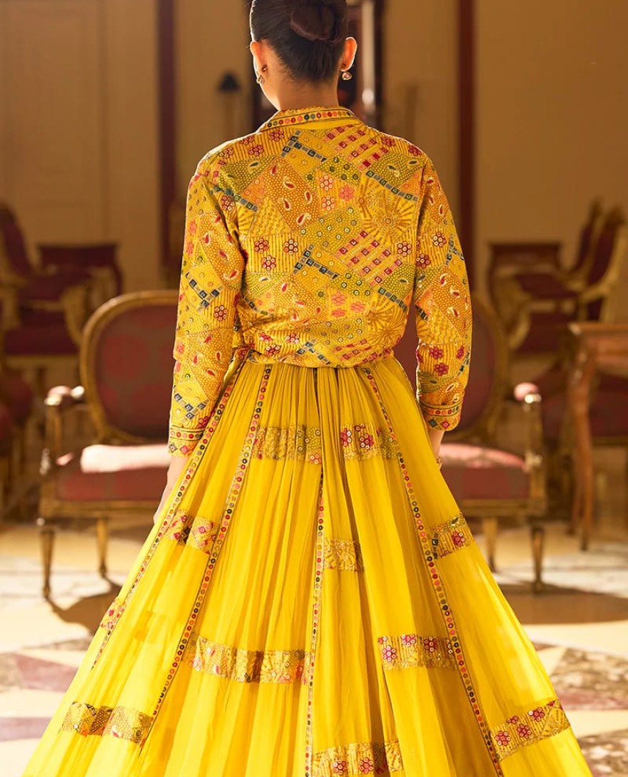 YELLOW - Designer Sunshine Yellow Embroidered Indo Western Georgette Lehenga Set