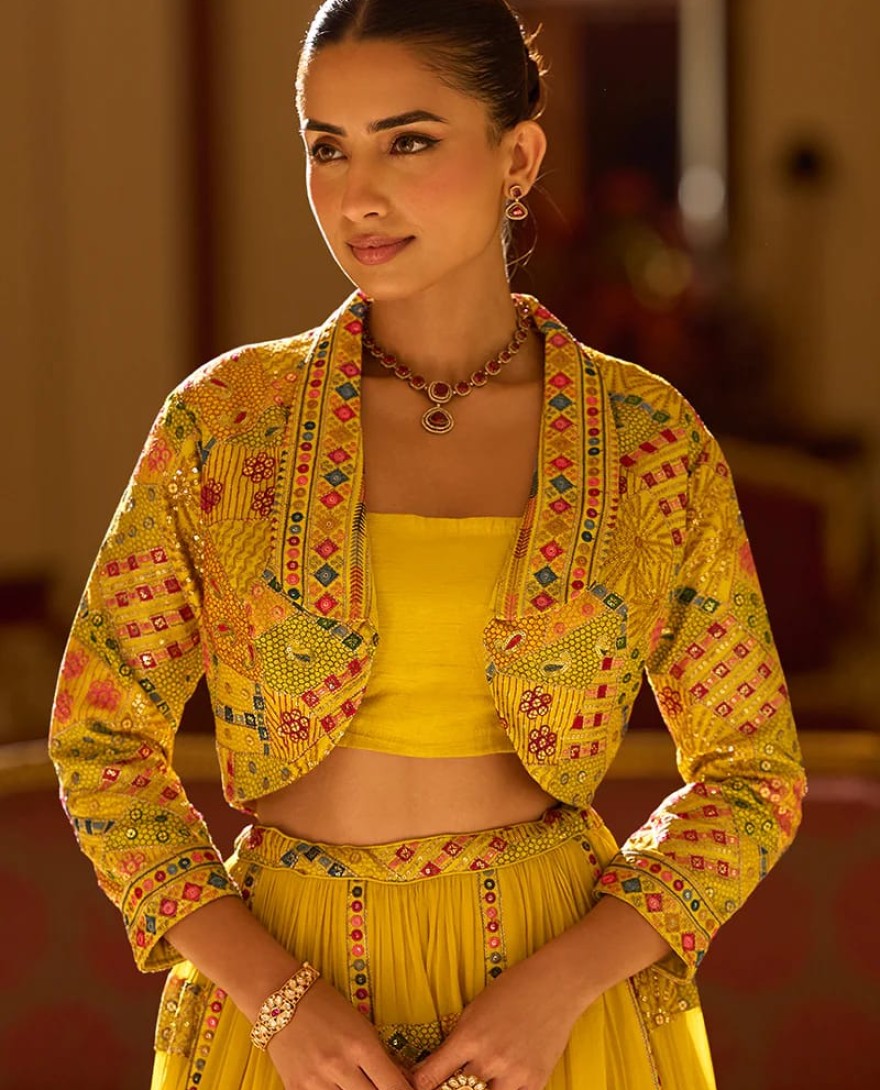 YELLOW - Designer Sunshine Yellow Embroidered Indo Western Georgette Lehenga Set