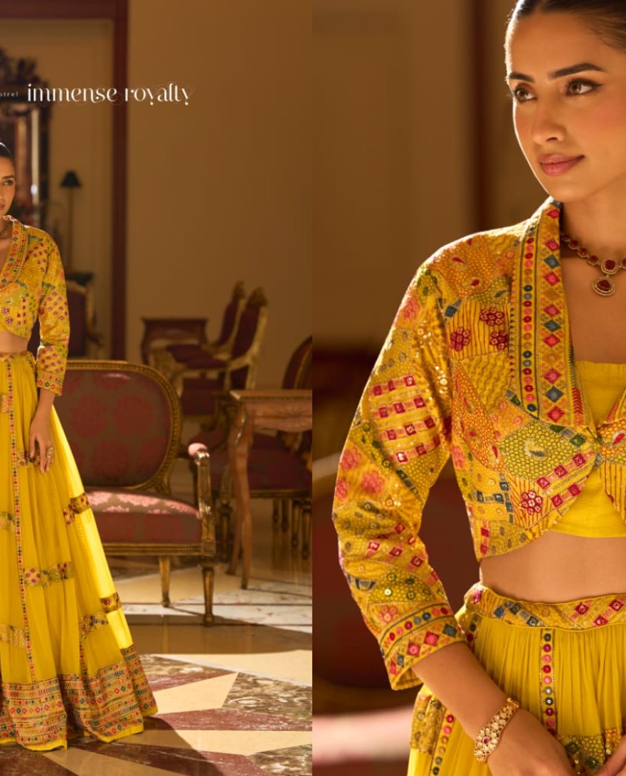 YELLOW - Designer Sunshine Yellow Embroidered Indo Western Georgette Lehenga Set