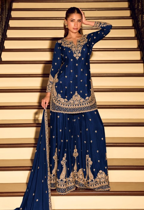 Royal Blue Embroidery Festive Wear Sharara Suit