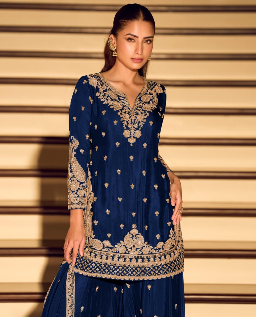 BLUE - Royal Blue Embroidery Festive Wear Sharara Suit