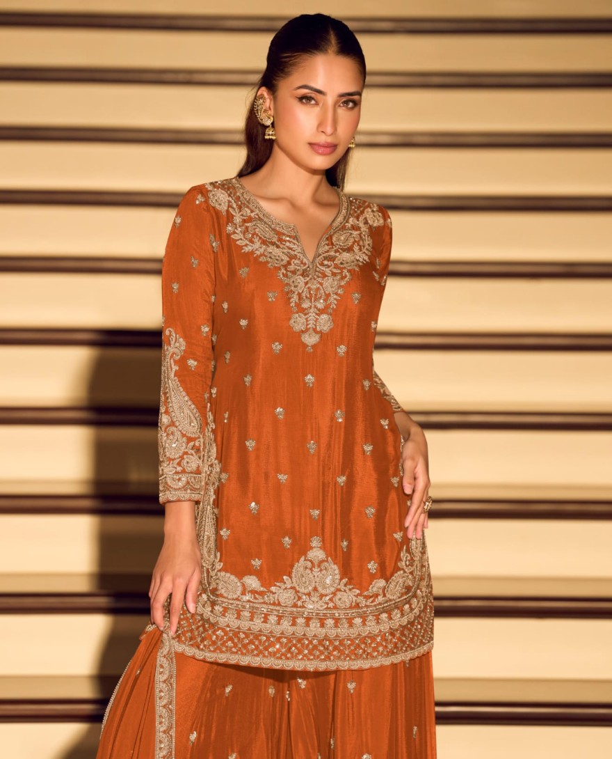 ORANGE - Orange Embroidery Festive Wear Sharara Suit