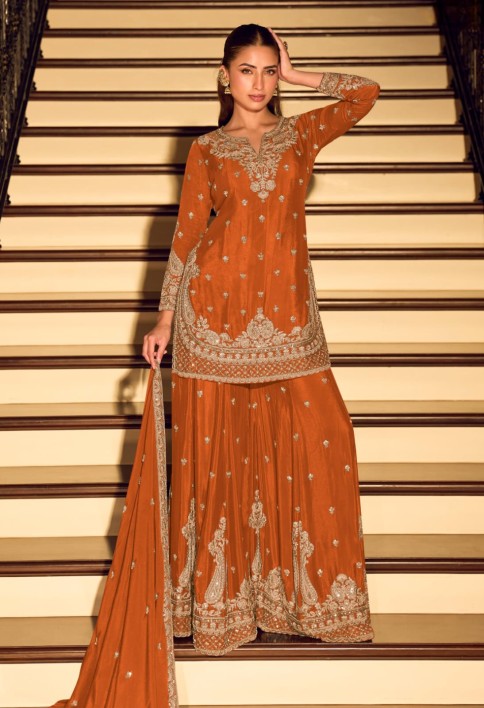 Orange Embroidery Festive Wear Sharara Suit