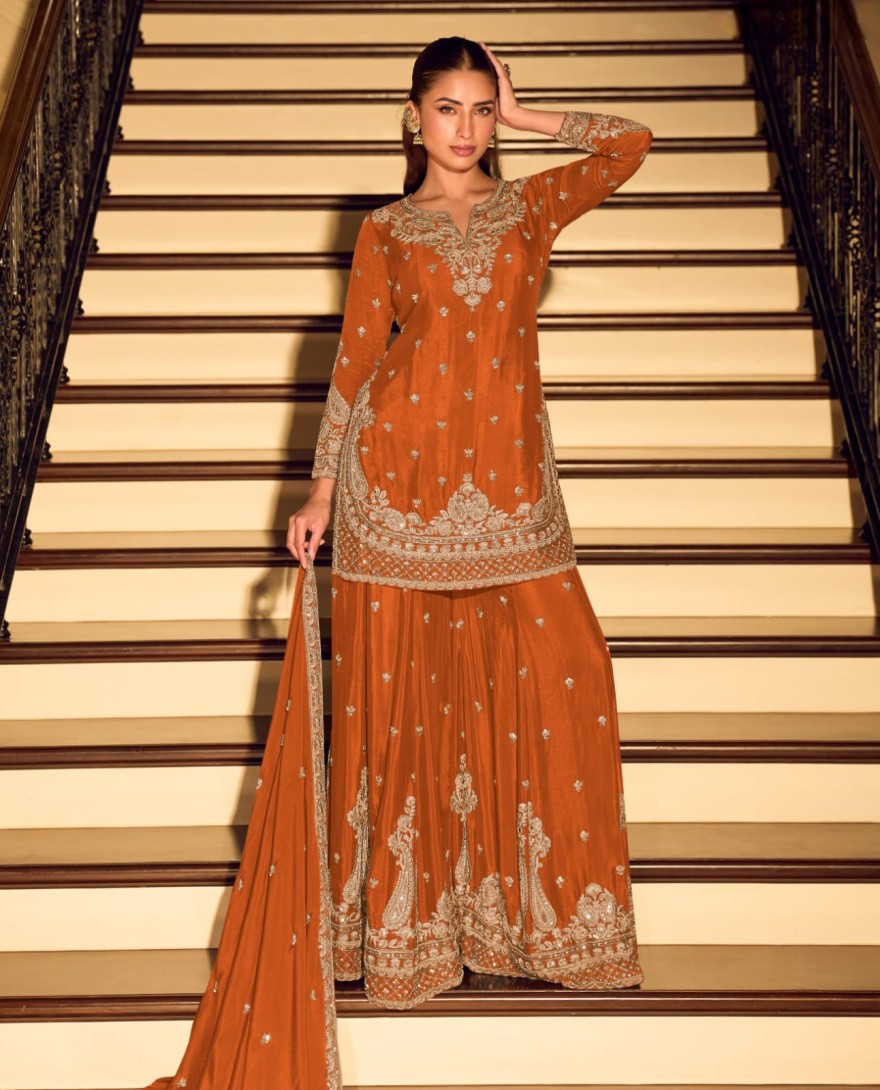 ORANGE - Orange Embroidery Festive Wear Sharara Suit