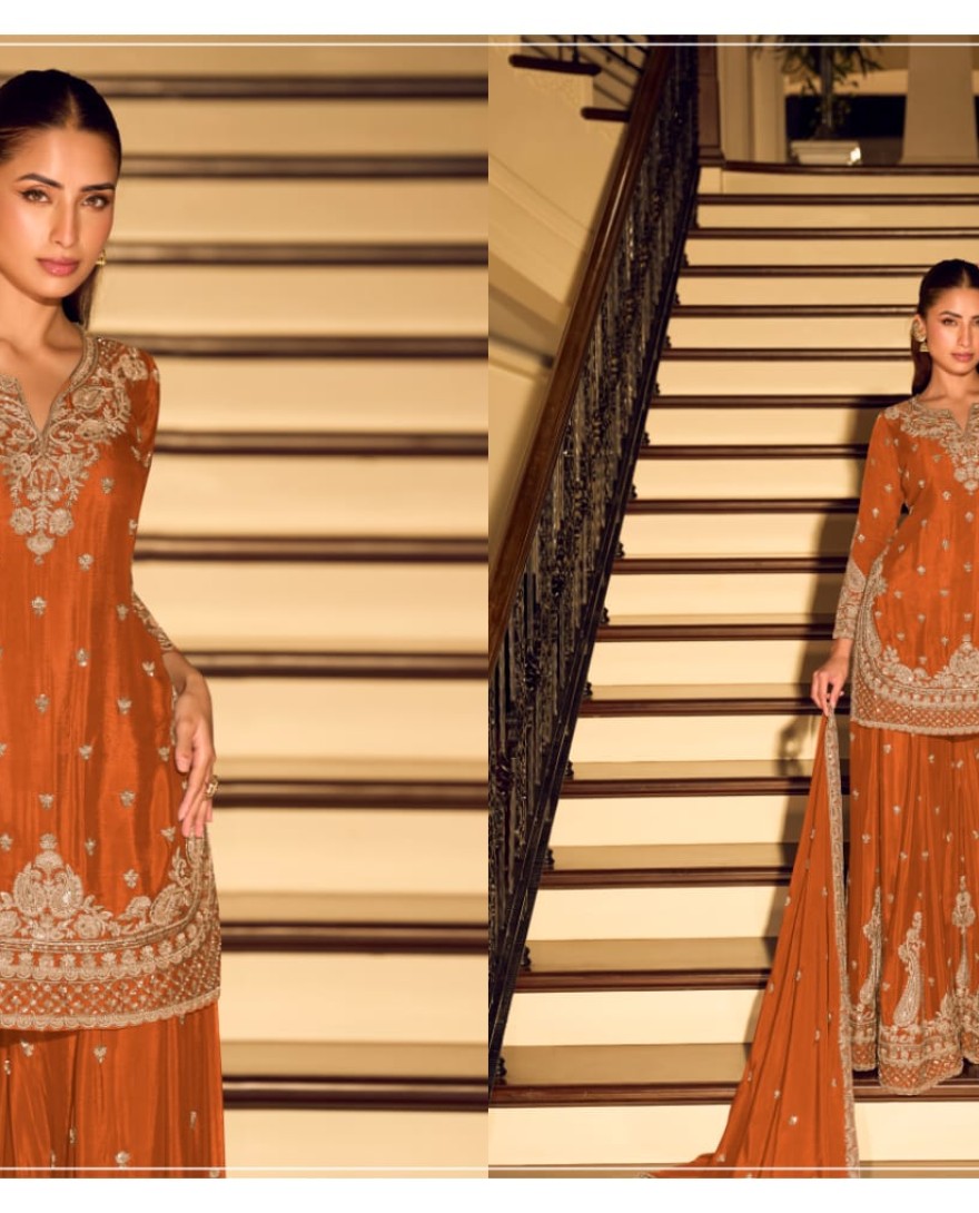 ORANGE - Orange Embroidery Festive Wear Sharara Suit