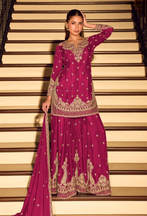 Magenta Embroidery Festive Wear Sharara Suit