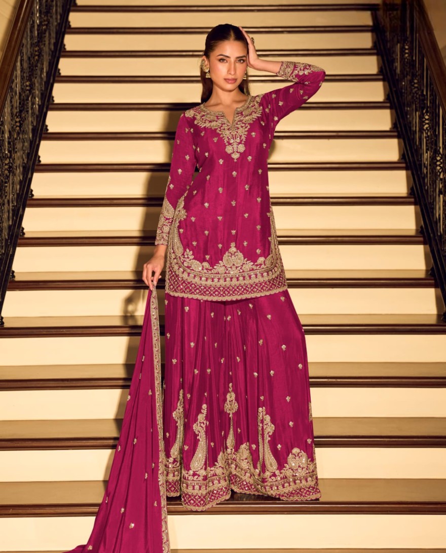 PINK - Magenta Embroidery Festive Wear Sharara Suit
