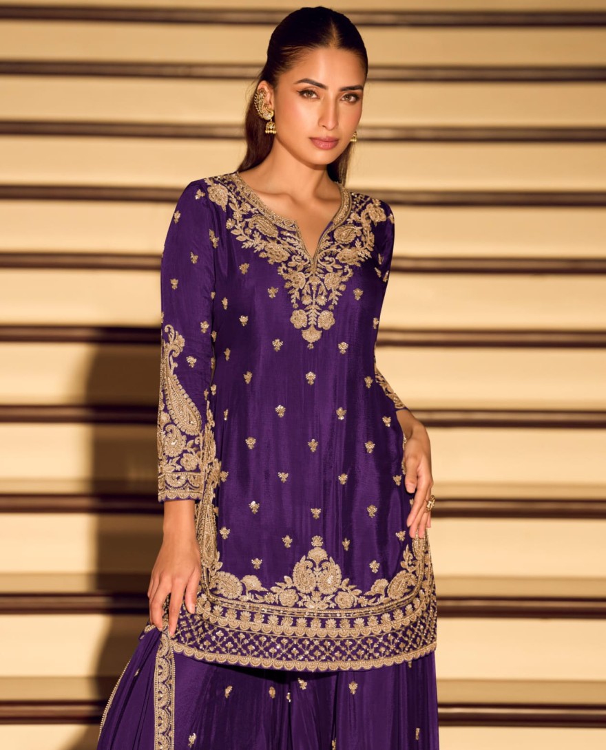 PURPLE - Purple Embroidery Festive Wear Sharara Suit