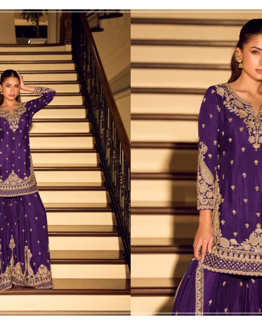 PURPLE - Purple Embroidery Festive Wear Sharara Suit