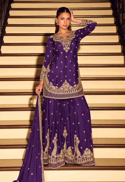 Purple Embroidery Festive Wear Sharara Suit