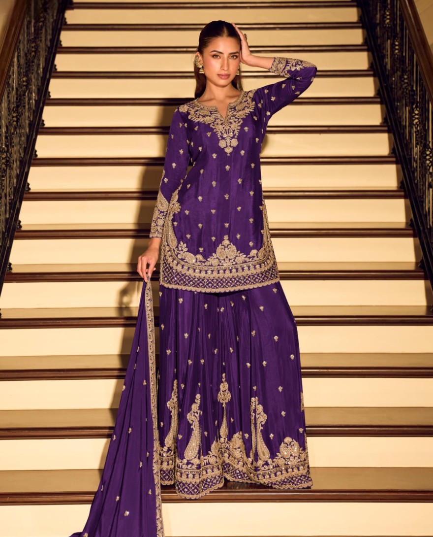PURPLE - Purple Embroidery Festive Wear Sharara Suit