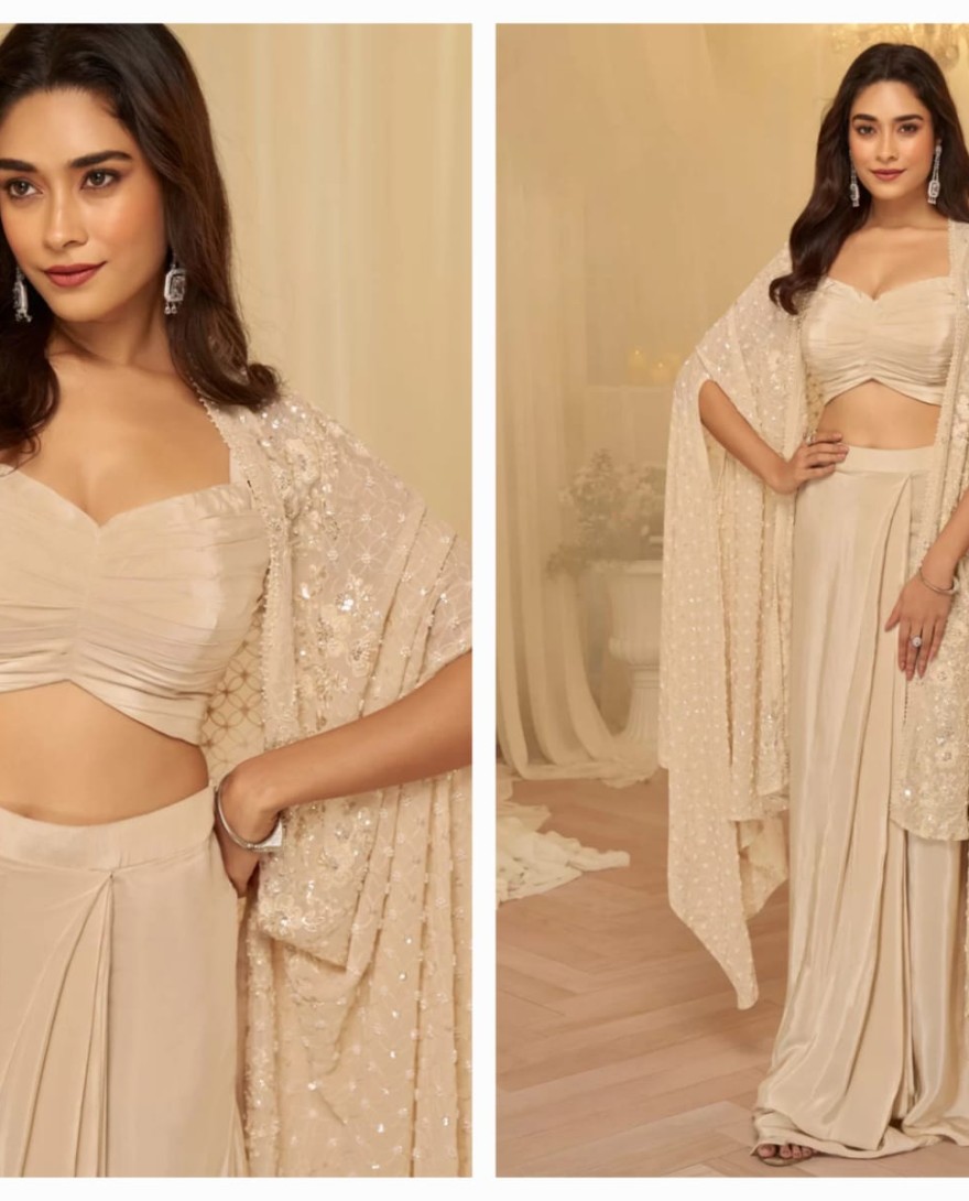 	 BEIGE - Beige Embroidered Georgette Designer IndoWestern