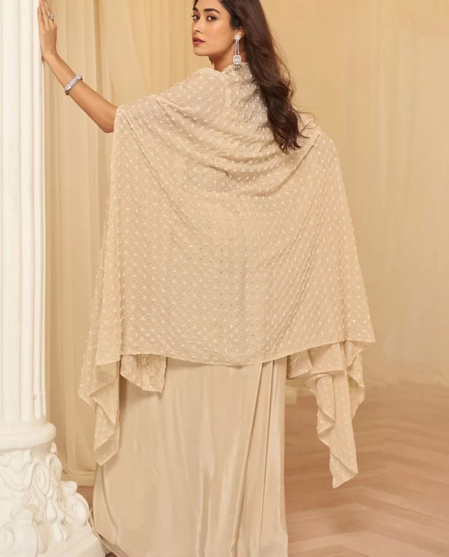 	 BEIGE - Beige Embroidered Georgette Designer IndoWestern