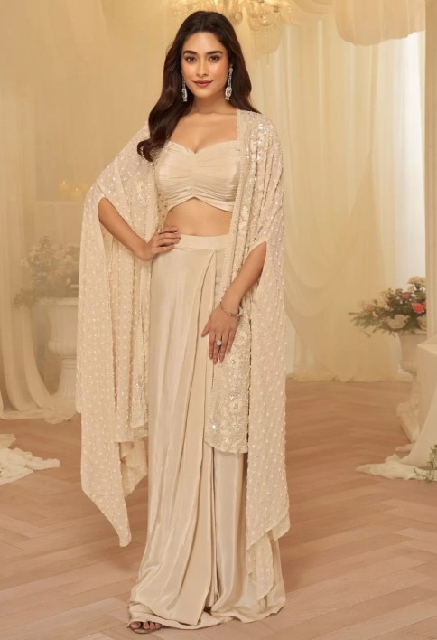Beige Embroidered Georgette Designer IndoWestern