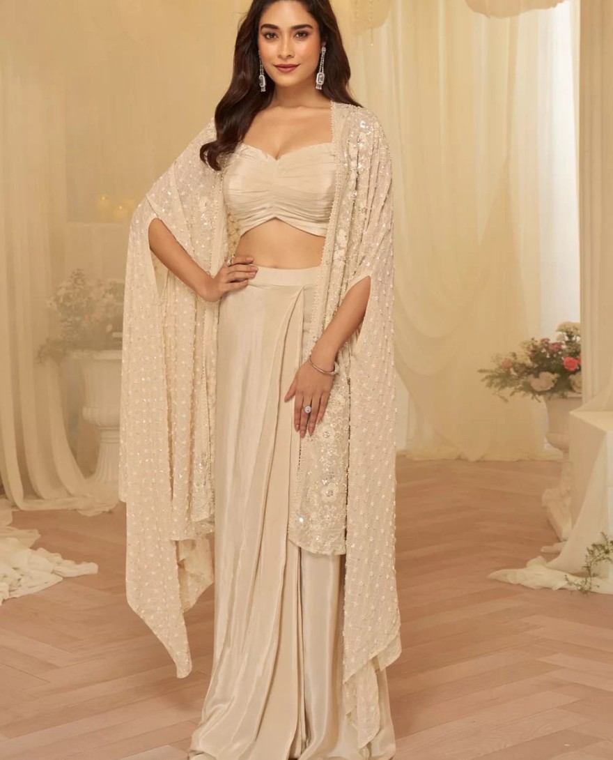 BEIGE - Beige Embroidered Georgette Designer IndoWestern