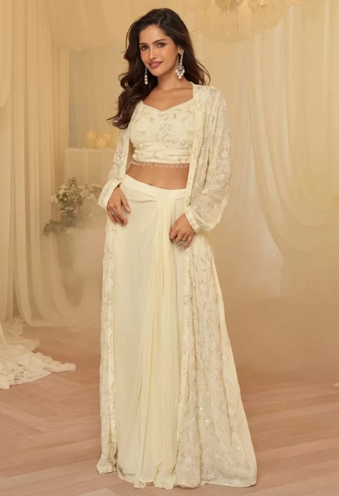 Cream Embroidered Georgette Designer IndoWestern